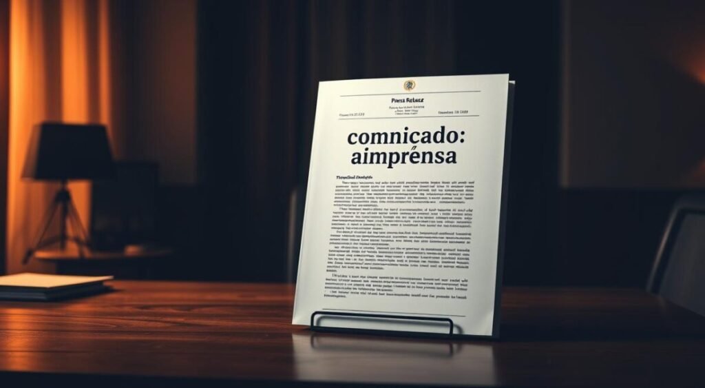 A high-resolution image of a formal press conference document titled "comunicado à imprensa", displayed on a wooden desk in a dimly lit, professional office setting. The document has a crisp, official appearance with clear typography and a clean, organized layout. The lighting casts warm, directional shadows that add depth and a sense of gravitas to the scene. The image has a restrained, serious tone that conveys the gravity and importance of the communication. The background is blurred, placing the focus squarely on the press release document. A high-resolution image of a formal press conference document titled "comunicado à imprensa", displayed on a wooden desk in a dimly lit, professional office setting. The document has a crisp, official appearance with clear typography and a clean, organized layout. The lighting casts warm, directional shadows that add depth and a sense of gravitas to the scene. The image has a restrained, serious tone that conveys the gravity and importance of the communication. The background is blurred, placing the focus squarely on the press release document.