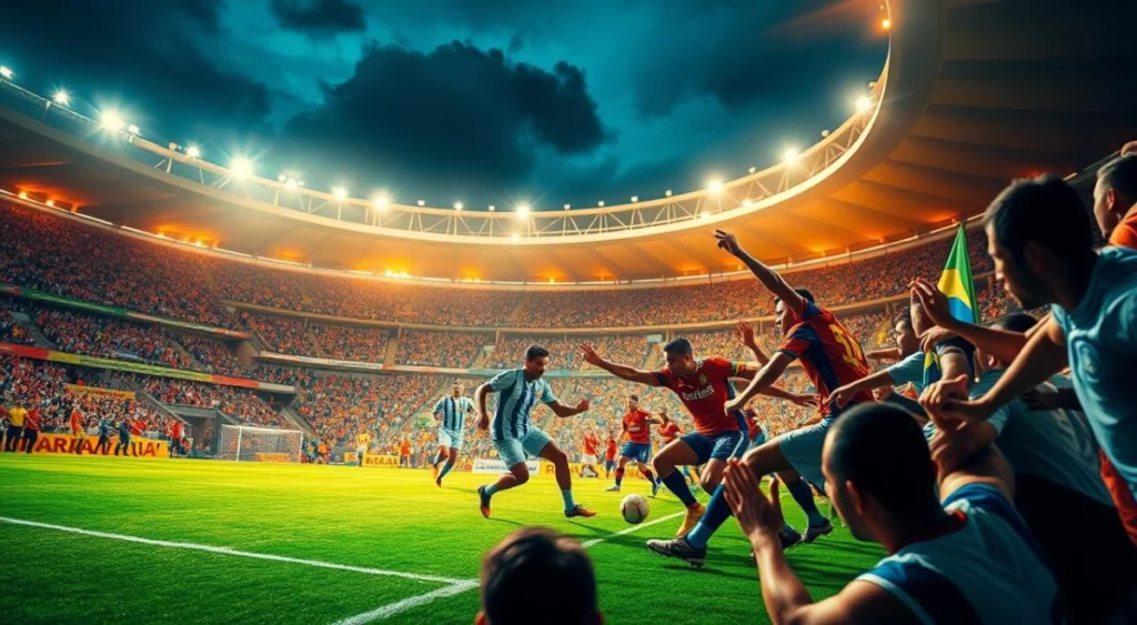 A high-stakes match between Fortaleza and Vasco unfolding under the bright lights of a packed stadium. In the foreground, the players locked in intense battle, their expressions a blend of determination and rivalry. The middle ground captures the roar of the crowd, their fervent chants and waving banners adding to the electrifying atmosphere. The background reveals the iconic architecture of the stadium, its grand design a testament to the deep-rooted passion for Brazilian football. The scene is illuminated by a warm, golden glow, casting a sense of drama and importance over the crucial Brasileirão encounter.