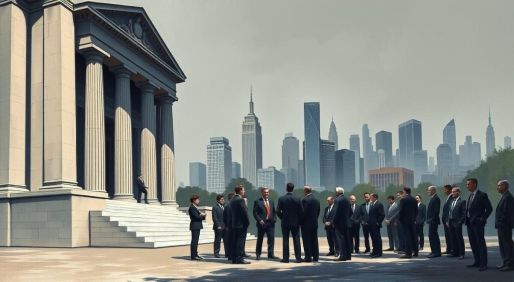 A large, imposing governmental building with imposing columns and a grand entrance stands in the foreground, casting a long, ominous shadow across the scene. In the middle ground, a group of well-dressed businessmen and women in suits and ties stand in a circle, engaged in a heated discussion. In the background, a city skyline of towering skyscrapers and financial institutions looms, suggesting the power and influence wielded by the elite. The overall atmosphere is one of political tension and unease, with a sense of the powerful few making decisions that affect the many. A large, imposing governmental building with imposing columns and a grand entrance stands in the foreground, casting a long, ominous shadow across the scene. In the middle ground, a group of well-dressed businessmen and women in suits and ties stand in a circle, engaged in a heated discussion. In the background, a city skyline of towering skyscrapers and financial institutions looms, suggesting the power and influence wielded by the elite. The overall atmosphere is one of political tension and unease, with a sense of the powerful few making decisions that affect the many.