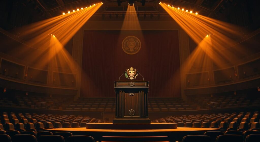 A large, ornate podium stands prominently in the center of a grand, dimly lit auditorium. Beams of warm, dramatic lighting cast deep shadows, creating an atmosphere of seriousness and gravity. The podium is adorned with the national emblem, signifying the importance of the declaration being made. In the background, rows of empty chairs suggest a packed audience, awaiting the televised national address. The overall scene conveys a sense of heightened political drama and the weight of the moment being captured.