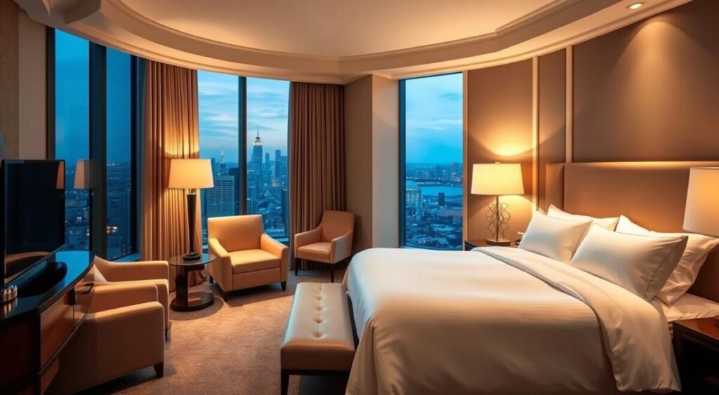 A luxurious hotel suite with a serene ambiance, featuring a cozy sitting area with plush armchairs, a large window overlooking a picturesque city skyline, and a well-appointed bedroom with a king-size bed draped in soft, high-thread-count linens. The space is bathed in warm, diffused lighting, creating a welcoming and relaxing atmosphere. The overall design blends contemporary elegance with touches of classic sophistication, reflecting the refined tastes of its occupant, Virginia Fonseca.