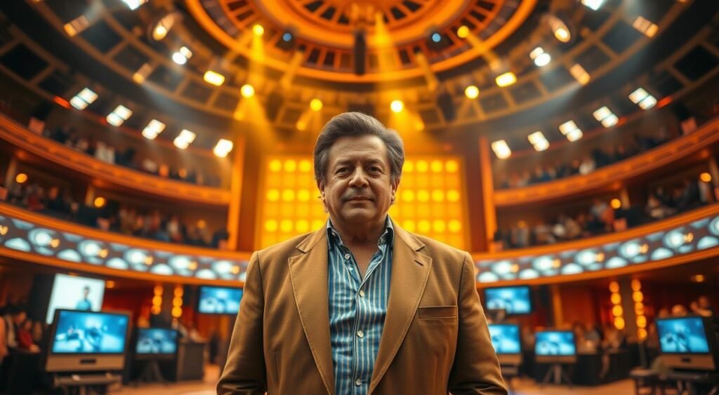 A majestic television studio with warm, golden lighting illuminates a larger-than-life figure standing at the center of the frame. This is Faustão, the legendary Brazilian TV host, his iconic image commanding the attention of the viewer. The background is blurred, hinting at the bustling activity of a production set, while the foreground is sharply focused on Faustão's confident, charismatic presence. The composition conveys a sense of reverence and appreciation for his lasting impact on Brazilian television and the hearts of his devoted audience.