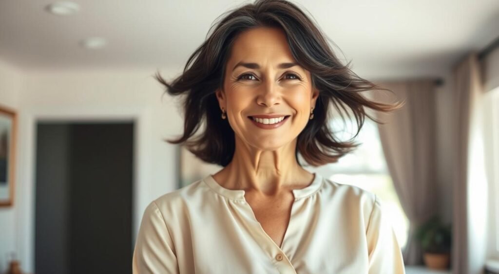 A middle-aged woman with flowing dark hair and a warm, friendly expression stands in a well-lit, airy room. Her face is illuminated by soft, natural light from a window, casting a gentle glow. She wears a simple, elegant blouse, and her posture conveys a sense of confidence and poise. In the background, subtle details suggest a comfortable, welcoming home environment, hinting at her role as a matriarch and the importance of family. The overall atmosphere is one of quiet introspection, a contemplative moment captured in time. A middle-aged woman with flowing dark hair and a warm, friendly expression stands in a well-lit, airy room. Her face is illuminated by soft, natural light from a window, casting a gentle glow. She wears a simple, elegant blouse, and her posture conveys a sense of confidence and poise. In the background, subtle details suggest a comfortable, welcoming home environment, hinting at her role as a matriarch and the importance of family. The overall atmosphere is one of quiet introspection, a contemplative moment captured in time.