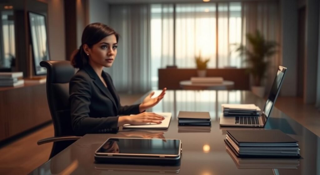 A serene, elegant office setting with a sophisticated woman sitting at a sleek, modern desk. The lighting is soft and ambient, casting a warm glow over the scene. In the foreground, her hands are poised gracefully, conveying a sense of poise and control. The middle ground features a curated array of professional accessories - a laptop, a tablet, a stack of neatly organized documents. The background is blurred, hinting at the larger corporate environment, but the focus remains on the woman's composed and confident demeanor, embodying the essence of "image management" in times of crisis. A serene, elegant office setting with a sophisticated woman sitting at a sleek, modern desk. The lighting is soft and ambient, casting a warm glow over the scene. In the foreground, her hands are poised gracefully, conveying a sense of poise and control. The middle ground features a curated array of professional accessories - a laptop, a tablet, a stack of neatly organized documents. The background is blurred, hinting at the larger corporate environment, but the focus remains on the woman's composed and confident demeanor, embodying the essence of "image management" in times of crisis.