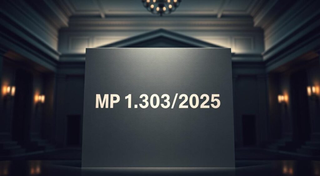 A sleek, modern document with the bold text "MP 1.303/2025" prominently displayed in the center. The document is set against a dimly lit, elegant backdrop, perhaps an office or government building, conveying a sense of authority and importance. The lighting is soft and directional, casting subtle shadows that add depth and dimension to the scene. The composition is balanced and minimalist, allowing the key text to take center stage. The overall mood is one of seriousness and significance, reflecting the gravity of the subject matter.