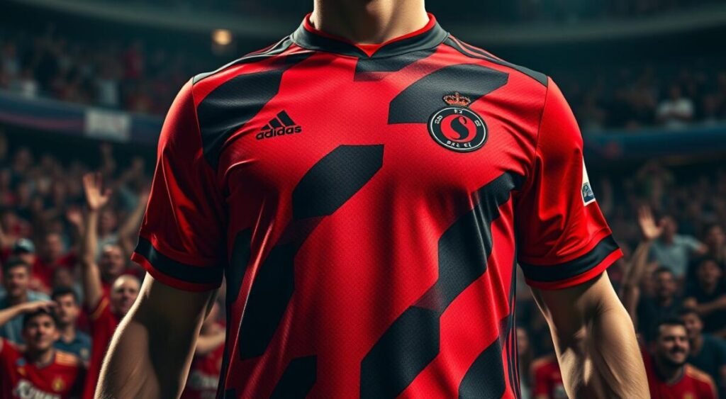 A striking closeup of the new Flamengo soccer jersey, freshly unveiled against a backdrop of passionate fans. The vibrant red and black hues of the iconic club crest and design pop with bold, high-contrast lighting, casting dramatic shadows and highlights across the fabric's textured surface. The jersey is displayed at a dynamic angle, as if the player is in mid-celebration, capturing the energy and excitement surrounding the jersey's highly anticipated launch. The image conveys the significant impact this new kit will have on the club's merchandise sales and global market presence.
