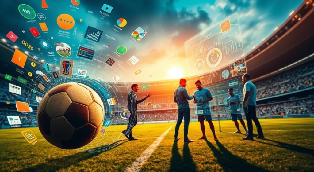 A vibrant and dynamic scene showcasing the evolution of sports analytics in Brazilian football. In the foreground, a soccer ball hovers, surrounded by a swirling vortex of colorful data visualizations, statistical graphs, and advanced analytical tools. In the middle ground, a group of analysts and data scientists pore over a large touchscreen display, gesturing and discussing insights gleaned from the data. In the background, a stadium backdrop fades into a futuristic cityscape, representing the integration of technology and sports in the modern era. The scene is illuminated by a warm, golden glow, conveying a sense of progress and innovation. The overall mood is one of excitement, exploration, and the seamless merger of human expertise and technological advancement.