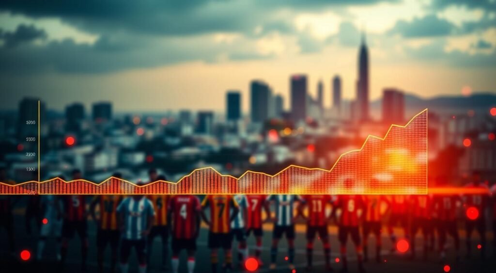 A vibrant financial landscape with a focus on the impact on Série C clubs. In the foreground, a central graph or chart displays key financial data, illuminated by warm, directional lighting. In the middle ground, team jerseys and logos symbolize the affected clubs, conveyed through a sense of energy and movement. The background features a blurred cityscape, evoking the broader economic context. The overall tone is one of analytical clarity, balanced by a sense of dynamism and urgency, reflecting the significance of the financial challenges facing Série C teams.