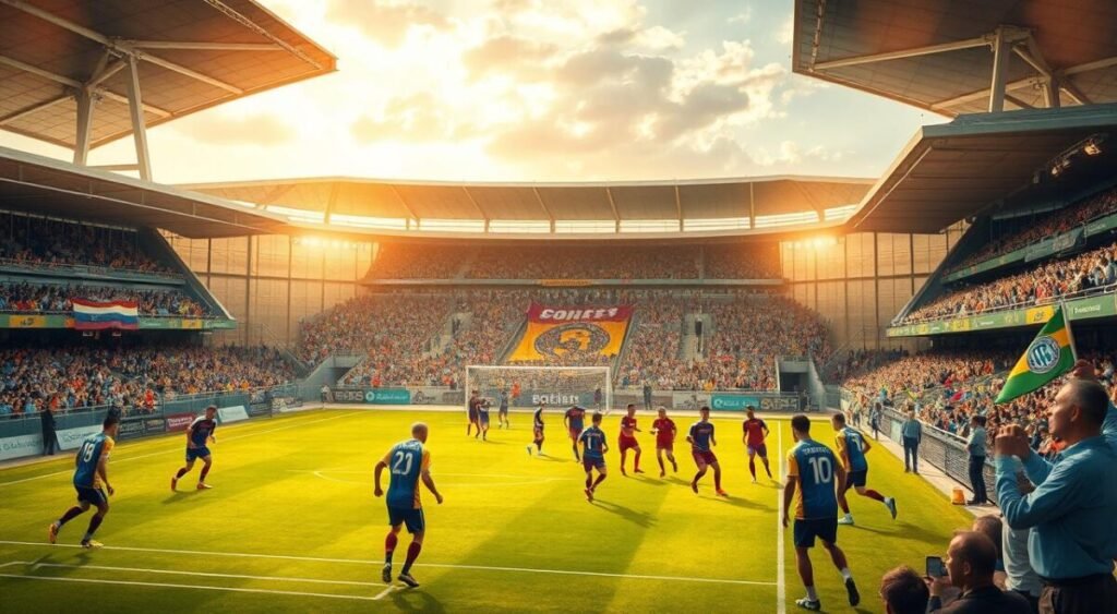 A vibrant scene of regional football tournaments, with teams and fans gathered in a lively stadium. The foreground features a group of players competing on a well-manicured pitch, their jerseys reflecting the colors of local clubs. In the middle ground, passionate supporters cheer from the stands, waving banners and scarves in support of their teams. The background showcases the architectural details of the stadium, with high, sweeping roofs and modern amenities. Warm, golden lighting bathes the scene, creating a sense of energy and excitement. The overall atmosphere conveys the regional pride and community spirit that characterize these important local competitions.