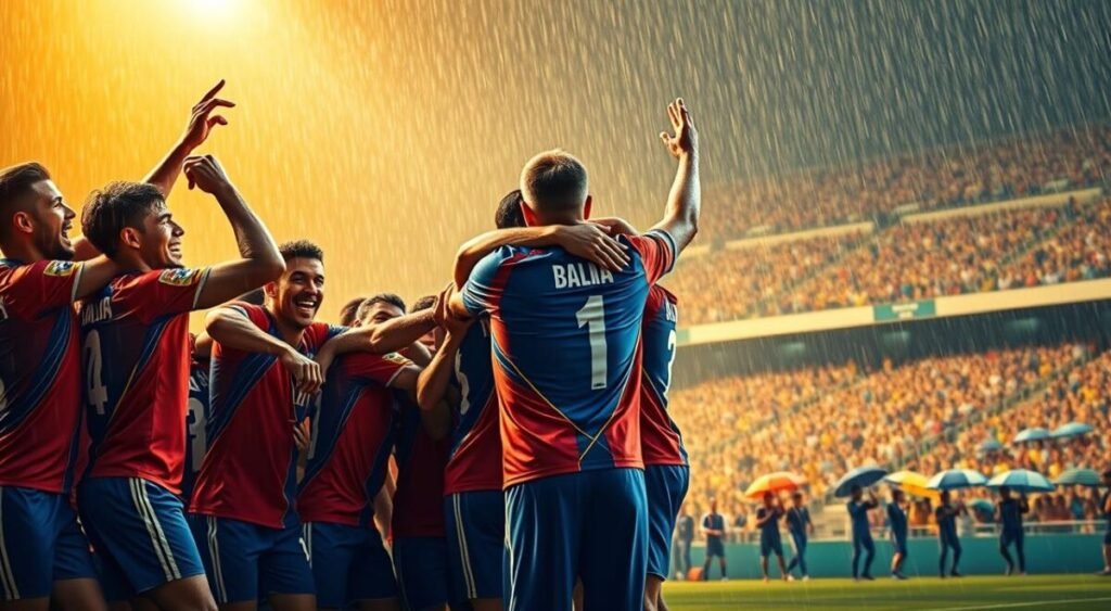 A vibrant scene of the Bahia football team's triumphant celebration, captured in the rain. The foreground showcases the players hugging and jumping with joy, their faces alight with exhilaration. In the middle ground, the coach stands proudly, his arms raised high, as the team surrounds him. The background depicts the stadium, its grandstands filled with cheering fans, their umbrellas dotting the scene. The image is bathed in a warm, golden glow, with the raindrops glistening like diamonds, creating a sense of energy and dynamism. The composition is framed to emphasize the impact of the victory on the team's campaign, conveying the emotional intensity and momentum of their success.