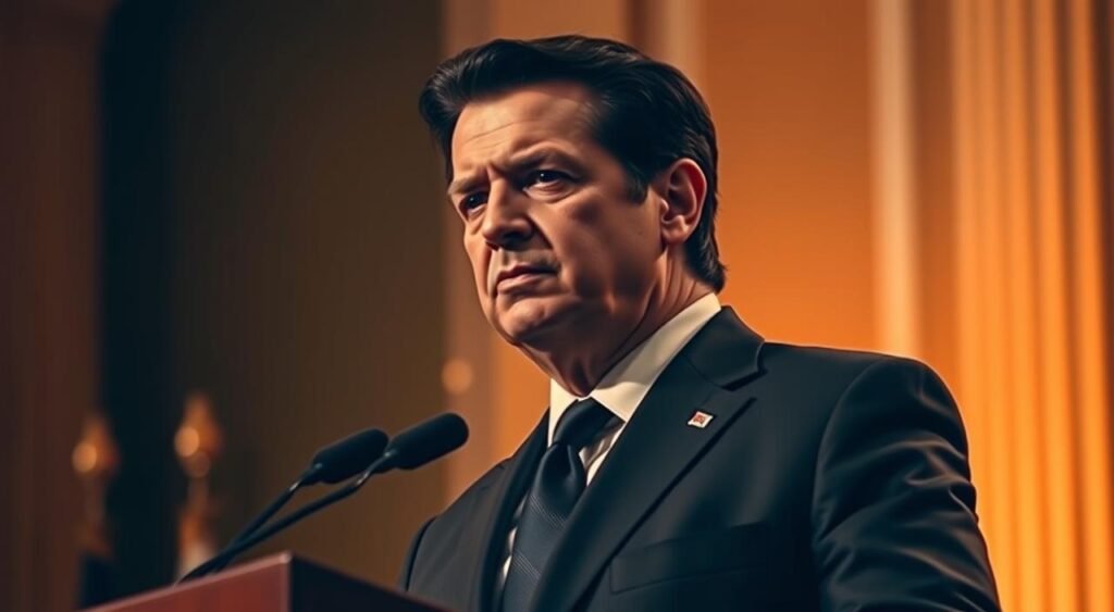 A well-dressed Flávio Bolsonaro, son of former Brazilian president Jair Bolsonaro, standing confidently in a formal setting, such as a podium or government building. His facial expression is stern, projecting authority and determination. The lighting is warm and directional, casting subtle shadows that accentuate his features. The background is slightly blurred, drawing the viewer's focus to Flávio's prominent profile. The overall mood is one of seriousness and political gravitas, befitting his public persona and the importance of the occasion.
