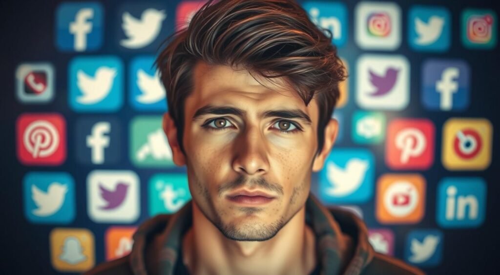 A young man named João Dias, his face prominently displayed against a blurred background of various social media icons and symbols. His expression is pensive, with a slight furrow in his brow, hinting at the complex emotions he may be experiencing. The lighting is soft and warm, casting a contemplative glow on his features. The composition places him in the center, drawing the viewer's attention to his thoughtful demeanor as he navigates the digital landscape of his social media presence.