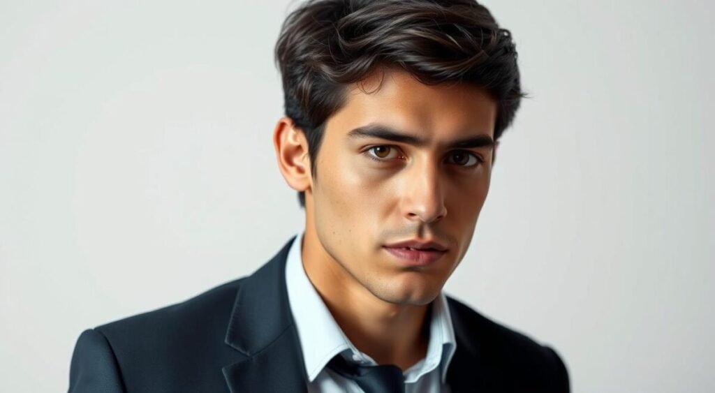 A young man with a serious expression, Nikolas Ferreira, stands confidently in a well-lit studio setting. His dark hair and stylish yet professional attire suggest a prominent public figure. The image is captured with a mid-range lens, creating a sense of depth and focus on Nikolas. Soft, directional lighting illuminates his face, highlighting his features and conveying a sense of authority and importance. The background is a plain, neutral color, allowing the subject to be the central focus. The overall mood is one of professionalism, gravitas, and a sense of Nikolas' political role and influence.