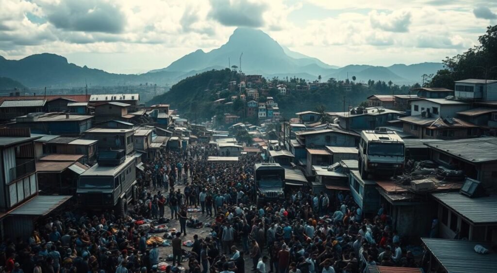 An aerial view of a densely populated urban favela in Rio de Janeiro, with a tense, somber atmosphere. In the foreground, a large number of people gathered in the narrow streets, some lying on the ground. Armored military vehicles and armed personnel are visible, suggesting an ongoing "Operação Contenção" (Containment Operation) to control the situation. The middle ground shows the colorful, makeshift houses climbing up the hillsides, conveying a sense of poverty and precariousness. In the background, the iconic panorama of Rio's mountainous landscape looms, casting an ominous shadow over the scene. Crisp, high-contrast lighting emphasizes the gravity of the situation, with a moody, tense atmosphere.