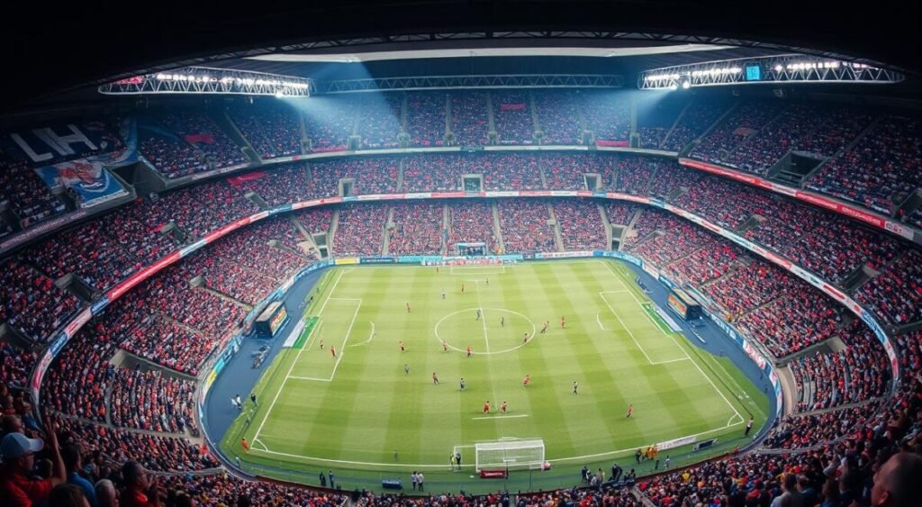 Detailed aerial view of the Atlético-Mineiro football stadium during a recent match, capturing the dynamic energy of the team's recent performance in the Brazilian championship. The expansive arena is filled with passionate supporters, their vibrant banners and flags creating a lively atmosphere. On the pitch, the Atlético-MG players engage in a intense, strategic game, their tactical formations and fluid movements highlighting their skilled and cohesive teamwork. The overall scene conveys the club's strong momentum and competitive spirit as they face their next Brasileirão challenge.