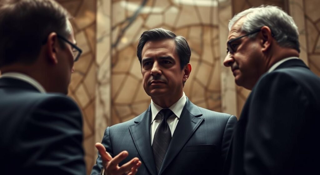 Detailed portrait of Filipe Martins, former international advisor to Jair Bolsonaro, facing the Supreme Court justice Alexandre de Moraes. Martins appears in a formal suit, standing in a grand, marble-clad judicial chamber. He gestures solemnly, conveying a sense of gravity and importance. Soft, dramatic lighting casts shadows, evoking the solemn nature of the proceedings. The background is blurred, focusing attention on the central figures and their tense interaction. The overall atmosphere is one of high-stakes confrontation and political tension. Detailed portrait of Filipe Martins, former international advisor to Jair Bolsonaro, facing the Supreme Court justice Alexandre de Moraes. Martins appears in a formal suit, standing in a grand, marble-clad judicial chamber. He gestures solemnly, conveying a sense of gravity and importance. Soft, dramatic lighting casts shadows, evoking the solemn nature of the proceedings. The background is blurred, focusing attention on the central figures and their tense interaction. The overall atmosphere is one of high-stakes confrontation and political tension.