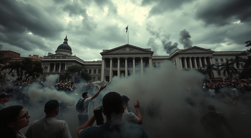 Processo do 8 de Janeiro: A high-contrast, photojournalistic depiction of the events surrounding the storming of the Brazilian government buildings on January 8th, 2023. In the foreground, a chaotic scene of protesters clashing with security forces, their faces obscured by clouds of tear gas. In the middle ground, the imposing architecture of the National Congress, Planalto Palace, and Supreme Court, with plumes of smoke rising from the broken windows. The background is shrouded in an ominous, overcast sky, conveying the gravity and tension of the situation. The image is captured with a wide-angle lens, emphasizing the scale and chaos of the event, and lit with dramatic, high-contrast lighting to heighten the sense of drama and urgency.