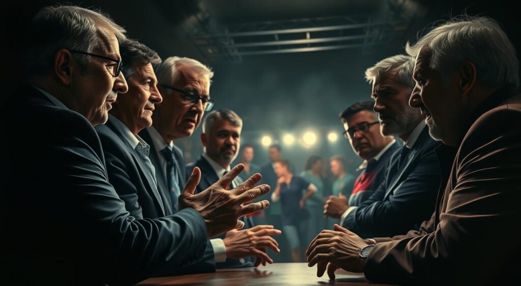 Vivid group portrait of soccer club executives, board members, and team managers engaged in a heated discussion, captured in a dramatic chiaroscuro lighting. The foreground features the central figures animatedly gesticulating, their faces set with determined expressions. The middle ground reveals the assembled group in tense deliberation, their body language conveying a sense of passionate debate. In the background, a shadowy, moody ambiance evokes the high-stakes, high-tension atmosphere surrounding the controversial incident. The overall scene suggests the gravity and gravity of the situation, with the leaders of the club navigating a complex and contentious matter.