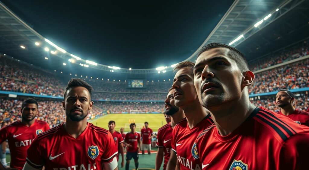 A breathtaking stadium, the floodlights casting a warm glow over the packed stands. The pitch, freshly manicured, awaits the clash of titans. In the foreground, the players of Flamengo, their faces etched with determination, prepare for the ultimate test - the final of the prestigious Libertadores tournament. The crowd's roar echoes through the night, a symphony of passion and anticipation. A tight, cinematic angle captures the intensity of the moment, the players' expressions conveying the weight of the occasion. The background reveals the iconic architecture of the stadium, a testament to the grandeur of South American football. This is the final, the culmination of a season-long journey, where Flamengo's dreams of glory hang in the balance.
