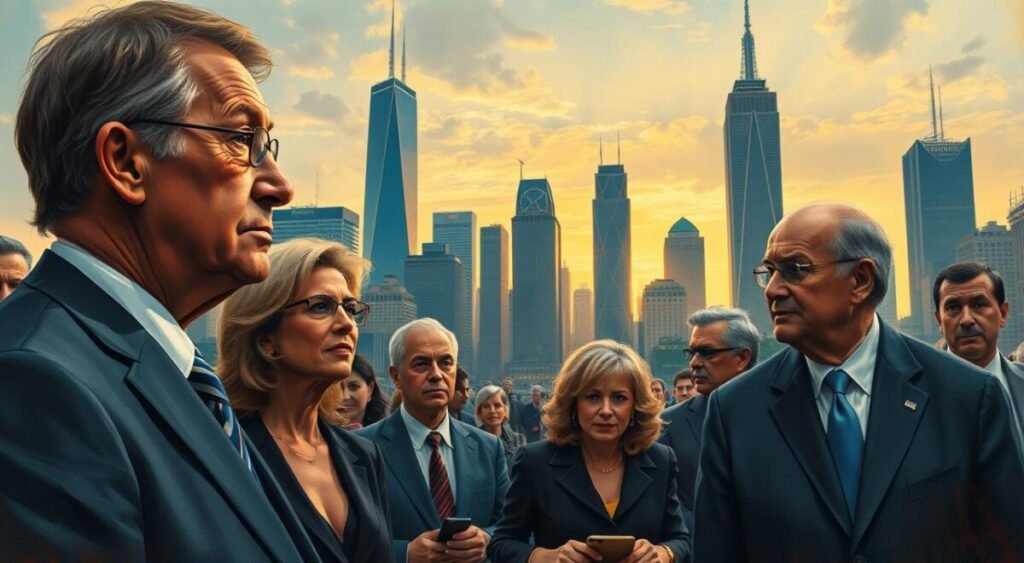 A bustling cityscape at dusk, with skyscrapers and global landmarks in the background, reflecting the international nature of the event. In the foreground, diplomats and world leaders converse, their expressions a mix of concern and contemplation, as they react to the unfolding situation. The scene is bathed in a warm, golden light, conveying a sense of gravity and significance. The composition is balanced, with a sense of depth and movement, capturing the global impact and attention surrounding the event.