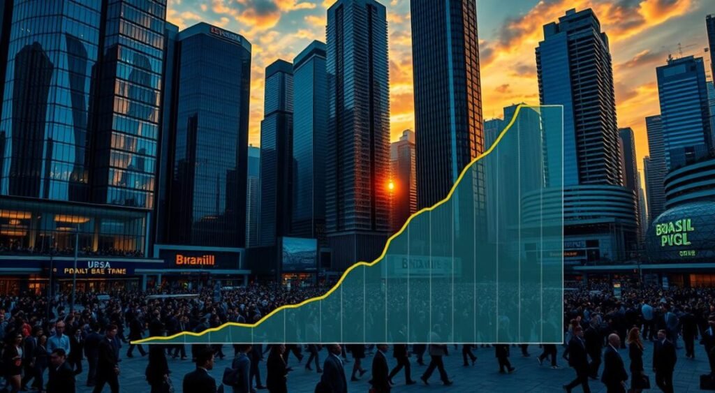 A bustling financial center, towering skyscrapers cast long shadows across a busy cityscape. Gleaming glass facades reflect the vibrant colors of the setting sun, as crowds of people hurry through the streets, briefcases in hand. In the foreground, a graph displays the soaring trajectory of a local football club's revenue, underscoring the immense financial power that drives the Brazilian football industry. The scene conveys a sense of dynamic energy and potential, capturing the context of the sport's financial landscape and the clubs' capacity for investment.