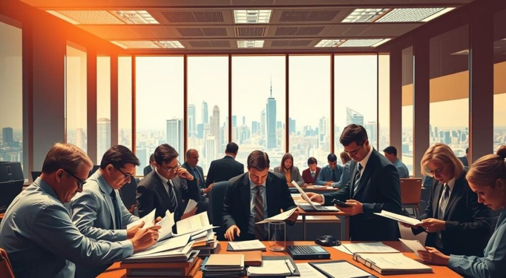 A bustling government office, illuminated by warm, directional lighting from large windows. In the foreground, a group of officials diligently poring over documents and files, their expressions serious and focused. In the middle ground, a team of auditors scrutinizing financial records with calculators and laptops, ensuring compliance and transparency. The background showcases a panoramic view of the city skyline, symbolizing the broad reach and responsibility of public oversight. The overall atmosphere conveys a sense of professionalism, rigor, and a commitment to effective governance and fiscal accountability.