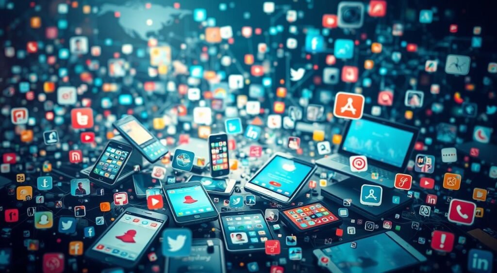 A bustling social media landscape, with a vibrant array of digital devices, apps, and platforms floating amidst a dynamic backdrop of data streams, information hubs, and interconnected networks. The scene is illuminated by a soft, diffused lighting, creating a sense of depth and atmosphere. The composition features a mid-ground focus on various mobile phones, tablets, and laptops, each displaying a variety of social media interfaces and content. In the foreground, a collection of trending hashtags, share buttons, and user profiles add depth and visual interest, while the background is filled with a mosaic of colorful icons, graphs, and digital patterns, conveying the scale and complexity of social media's global reach.