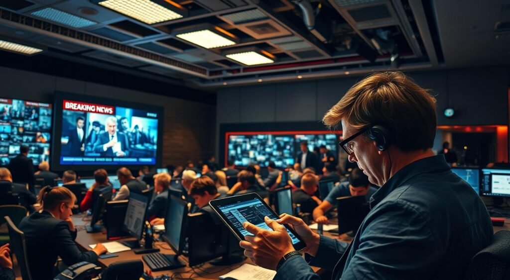 A busy newsroom interior, with reporters and editors huddled over desks, surrounded by the hum of computers and the clatter of keyboards. Bright overhead lighting illuminates a large TV screen displaying a breaking news ticker. In the foreground, a journalist intently scrolls through social media timelines on a tablet, tracking the latest updates on the story. The atmosphere is one of focused intensity, as the press works to disseminate the latest information to the public. The scene captures the essence of the media's role in covering high-profile news events. A busy newsroom interior, with reporters and editors huddled over desks, surrounded by the hum of computers and the clatter of keyboards. Bright overhead lighting illuminates a large TV screen displaying a breaking news ticker. In the foreground, a journalist intently scrolls through social media timelines on a tablet, tracking the latest updates on the story. The atmosphere is one of focused intensity, as the press works to disseminate the latest information to the public. The scene captures the essence of the media's role in covering high-profile news events.