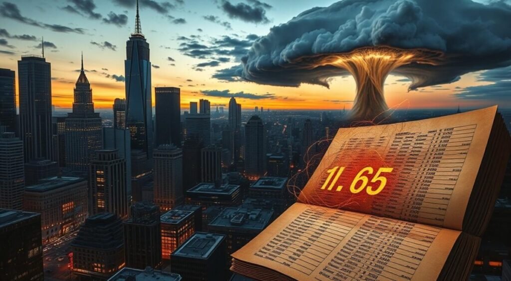 A cityscape at dusk, with towering skyscrapers casting long shadows across the bustling streets below. In the foreground, a massive ledger book page dominates the scene, its numbers and financial data glowing with an ominous intensity. The middle ground features a tangled web of currency symbols, stock tickers, and graphs, all swirling in a vortex of economic uncertainty. In the background, a looming storm cloud casts an eerie, foreboding light over the entire scene, hinting at the potential financial impact to come. The overall atmosphere is one of tension, complexity, and the weight of economic decisions.