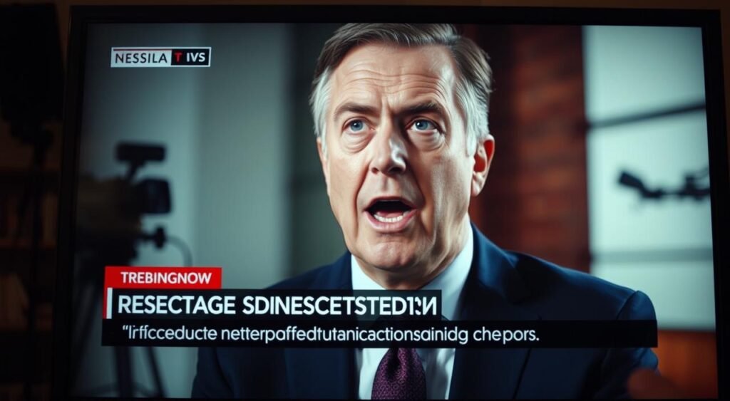 A closeup shot of a TV or computer screen displaying a news segment, with a middle-aged man in a suit speaking animatedly. The man's face is the focal point, with his eyes and mouth conveying a sense of passion and intensity. The background is slightly blurred, but suggests a professional studio setting with lighting equipment and cameras. The overall mood is one of urgency and importance, reflecting the weight of the man's words. The image should capture the essence of the statement that sparked the wider discussion, without distracting visual elements.