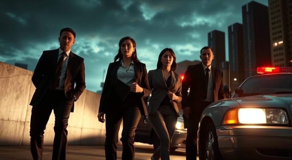 A detailed and somber scene depicting the arrest of a woman in a professional context. In the foreground, a female figure in modest business attire is being escorted by law enforcement officers, their expressions serious yet calm. The middle ground features a police car with its lights flashing, parked near a concrete wall, while the background shows a dimly lit urban setting with tall buildings and a moody evening sky. Soft, dramatic lighting casts shadows, creating a tense yet professional atmosphere. The angle captures the scene from slightly below, emphasizing the figures' authority and the gravity of the situation. The overall mood is serious and contemplative, reflecting the circumstances surrounding an arrest.