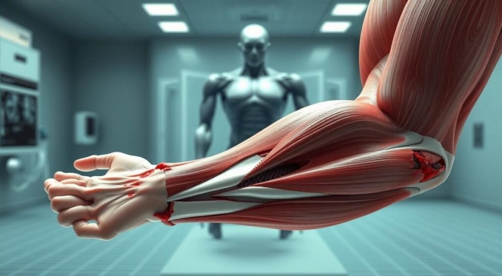 A detailed medical illustration of a severe muscle injury. In the foreground, a realistic cross-section of the muscle tissue, revealing torn fibers, inflammation, and signs of trauma. Rendered with a clinical, anatomical style, highlighting the intricate structure of the muscle. In the middle ground, a 3D model of the affected muscle group, viewed from multiple angles to showcase the extent of the damage. The background is a softly blurred medical environment, with subtle grid patterns and diagnostic equipment, conveying a sense of the medical context. The lighting is soft and even, emphasizing the technical precision of the illustration. The overall mood is one of scientific analysis and medical investigation, suitable for a detailed examination of the injury.