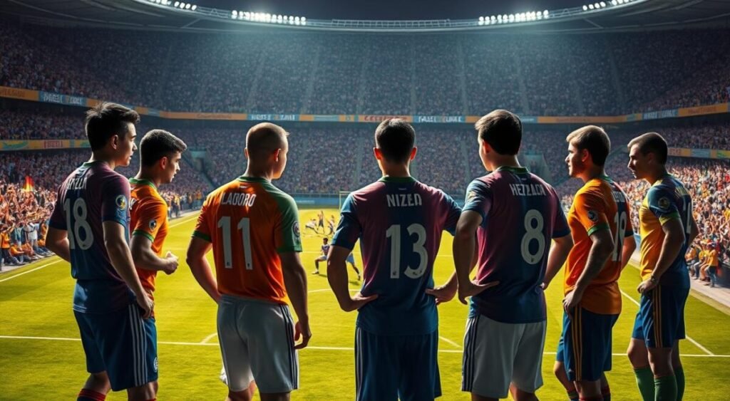 A detailed tactical analysis scene depicting a Brazilian football match in progress. In the foreground, a group of players wearing professional football kits, focused and engaged in a strategic discussion, showcasing their strong body language and teamwork. In the middle ground, a dynamic view of the pitch with colorful team jerseys, emphasizing their positions and movement patterns. The background features a packed stadium filled with enthusiastic fans, creating a vibrant atmosphere with banners and flags waving. The lighting is bright and dramatic, highlighting the players' intensity, with shadows cast across the field. The angle should be slightly elevated, capturing both the players' expressions and the excitement of the crowd, conveying a sense of urgency and competition.