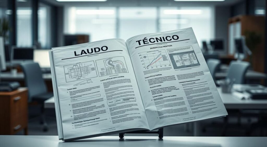 A detailed technical document titled "Laudo Técnico" against a backdrop of modern office furniture and equipment. The document is open, showcasing technical diagrams, charts, and annotations describing infrastructure failures. Soft, even lighting illuminates the scene, creating a professional, authoritative atmosphere. The composition emphasizes the importance of this technical report, capturing its role in the investigation. The angle is slightly elevated, suggesting an objective, comprehensive perspective on the subject matter.