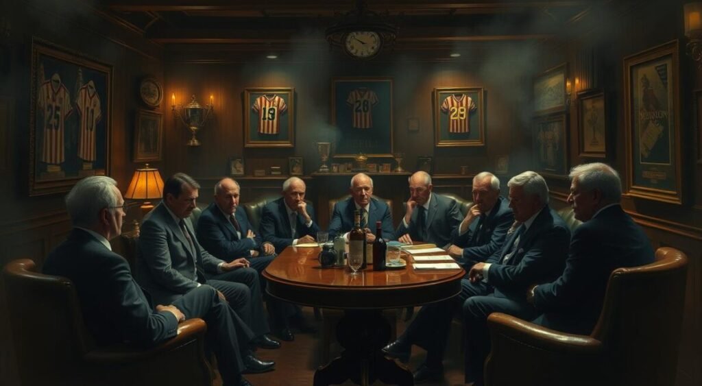 A dimly lit club lounge, the atmosphere thick with the haze of cigars and the murmur of hushed conversations. In the center, a group of well-dressed men sit around a mahogany table, deep in discussion, their expressions a mix of concern and contemplation. The walls are adorned with framed jerseys and trophies, a testament to the club's storied past, yet the mood is somber, as if the weight of external factors bears heavily upon their deliberations. Soft, moody lighting casts long shadows, creating a sense of tension and unease. This is the inner sanctum, where the off-field decisions that shape the club's future are made, a world hidden from the public gaze.