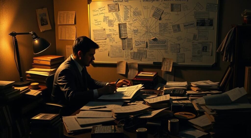 A dimly lit investigative newsroom, with a journalist intently studying various documents and evidence on a cluttered desk. The room is illuminated by the soft glow of a desk lamp, casting dramatic shadows across the scene. In the background, a wall-mounted whiteboard displays scribbled notes, clippings, and a web of connections, reflecting the depth and complexity of the investigation. The atmosphere is one of intense focus and determination, as the journalist unravels the intricate details of a high-profile story.