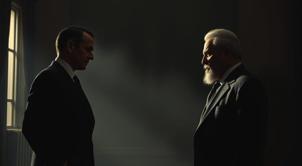 A dimly lit room, the air thick with tension. In the foreground, two figures - Alexandre de Moraes and the governor of Rio - locked in a tense, almost confrontational stance. Their expressions are guarded, their body language rigid. The background is hazy, suggesting the weight of the political context surrounding their meeting. Shadows cast by the harsh, directional lighting lend an ominous, dramatic quality to the scene. The overall mood is one of unease, a sense that the contentious political landscape is palpable in the room. A dimly lit room, the air thick with tension. In the foreground, two figures - Alexandre de Moraes and the governor of Rio - locked in a tense, almost confrontational stance. Their expressions are guarded, their body language rigid. The background is hazy, suggesting the weight of the political context surrounding their meeting. Shadows cast by the harsh, directional lighting lend an ominous, dramatic quality to the scene. The overall mood is one of unease, a sense that the contentious political landscape is palpable in the room.