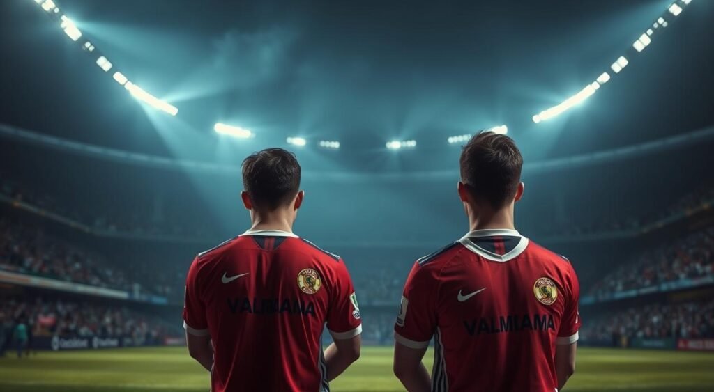 A dimly lit soccer stadium, the air charged with anticipation. In the foreground, two players in Vasco da Gama's uniform stand solemnly, their expressions conveying the weight of the match against Bahia. The midfield is shrouded in a hazy, atmospheric lighting, hinting at the strategic challenges ahead. In the background, the stadium's stands are partially visible, their occupants a blur of excited fans. The overall scene captures the tension and significance of the confirmed absences, while alluding to the decisive returns that will shape the outcome of the crucial encounter.