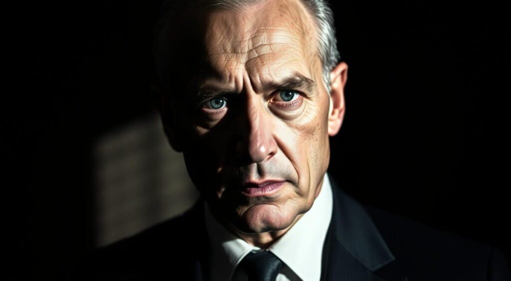 A distinguished-looking man in a dark suit, Alexandre de Moraes, captured in a sharp, high-contrast portrait. The subject's face is illuminated from the side, casting dramatic shadows that accentuate his strong features and penetrating gaze. The background is subtly blurred, keeping the focus firmly on the subject. The overall impression is one of authority, gravitas, and a sense of the individual's significant role in the events described in the article.