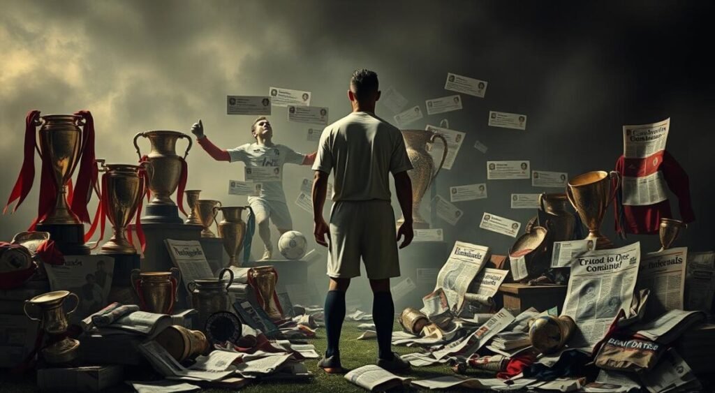 A dramatic, high-contrast scene depicting the main criticisms aimed at Cristiano Ronaldo. In the foreground, a collage of tarnished soccer trophies, worn-out jerseys, and crumpled newspaper headlines leveling accusations of arrogance, selfishness, and poor sportsmanship. In the middle ground, a brooding, shadowy figure of Ronaldo standing apart, surrounded by a swirling maelstrom of social media posts and commentator critiques. The background bathed in a somber, ominous light, casting an air of controversy and scrutiny over the entire scene.