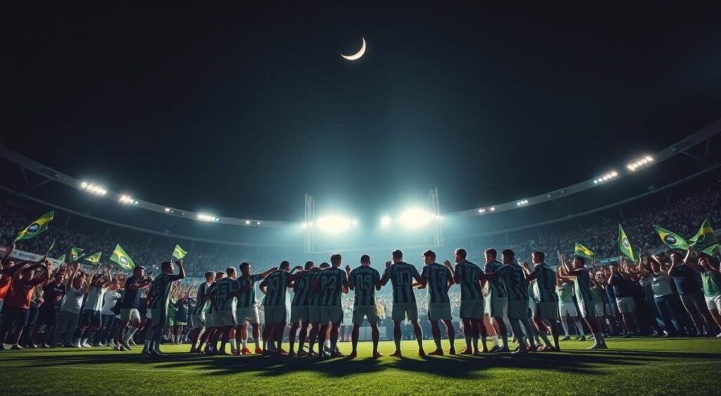 A dramatic night-time scene of the Palmeiras football team celebrating their victory in the Libertadores Cup semifinal. The players are gathered on the pitch, their faces lit by floodlights casting long shadows. The stadium is full of cheering fans waving flags and banners. The sky is dark with a crescent moon, giving the scene a sense of tension and excitement. The grass is lush and green, and the goal posts stand tall in the background, framing the action. The camera angle is low, putting the viewer right in the middle of the celebration, capturing the euphoria of the moment.