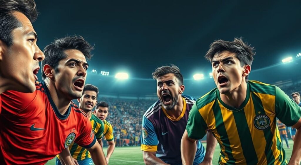 A dramatic scene depicting a football match in the Brasileirão with a focus on a tense moment as struggling teams battle for survival in the league. In the foreground, players in colorful kits are intensely engaged, sweat glistening on their brows. The middle ground features an eagerly watching crowd, a mix of anxious and hopeful expressions on faces painted with team colors. The background showcases the stadium, illuminated by bright floodlights under a night sky, creating a charged atmosphere. The composition suggests a close-up angle, capturing the players' determination and the crowd's urgency. Emphasize the mood of desperation and hope, reflecting the seriousness of relegation battles. High contrast lighting enhances the emotions, creating a vivid and engaging sports illustration.