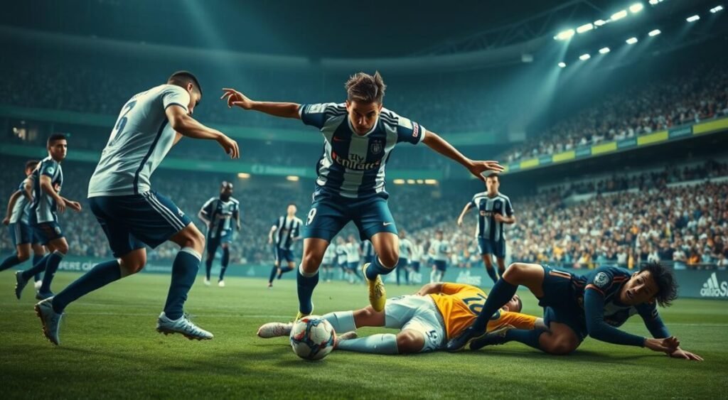 A dramatic soccer match unfolds, with the impact of Neymar's incredible play reverberating through the Santos team. In the foreground, players from both sides collide, their bodies frozen in mid-action, the tension palpable. In the middle ground, a player from Santos is shown mid-fall, their expression a mix of determination and dismay. The background is blurred, but the Santos stadium can be seen, its stands filled with fans caught in the moment. The lighting is dramatic, with shadows and highlights accentuating the players' movements. The overall scene conveys a sense of intensity, uncertainty, and the far-reaching consequences of a single, impactful play.