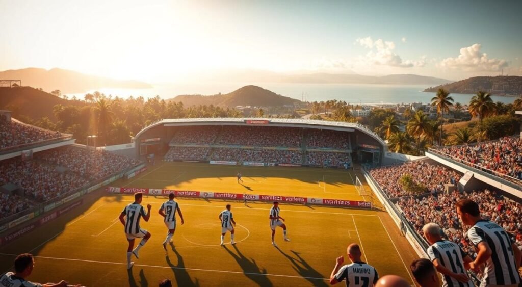A dynamic and vibrant aerial scene showcasing the current context of Santos FC in the Brazilian Série A league. The foreground depicts the team's iconic white and black uniforms, their players in mid-action on a meticulously rendered soccer pitch. The middle ground features the iconic Estádio Urbano Caldeira stadium, its grandstands filled with passionate fans waving banners and flags. In the background, the lush, tropical landscape of Santos provides a stunning natural backdrop, with palm trees swaying gently in the warm coastal breeze. The lighting is warm and golden, creating a sense of energy and anticipation, reflecting the high-stakes drama of the current Série A season for this storied club.