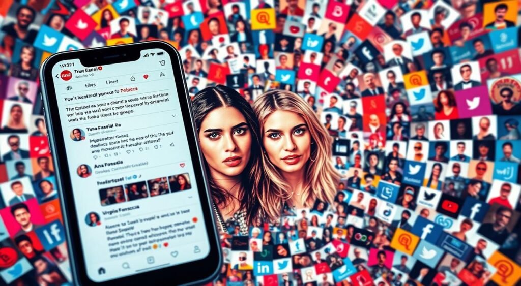 A dynamic and visually striking social media feed, capturing the heated exchange and polarized reactions surrounding the controversial situation between Ana Castela and Virginia Fonseca. In the foreground, a smartphone screen displays a flurry of comments, likes, and shares, reflecting the intense online discourse. The middle ground features a close-up of two influencers' avatars, their expressions suggesting tension and confrontation. In the background, a kaleidoscope of diverse user profiles and platforms, symbolizing the widespread engagement and amplification of the controversy across various digital spaces. The overall scene conveys a sense of digital activism, social media virality, and the powerful impact of online controversies in the modern era.