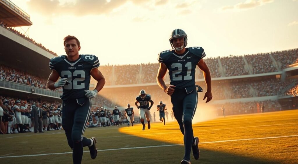A dynamic football stadium scene, with players making decisive returns to the field. In the foreground, two athletes in sleek uniforms stride purposefully, their expressions focused and determined. The middle ground captures the flow of the game, with teammates making strategic passes and tackles. Bathed in warm, golden-hour lighting, the background reveals the grandstand filled with cheering fans, their excitement palpable. The composition conveys a sense of high-stakes drama and the pivotal role these returning players will have in the match's outcome.