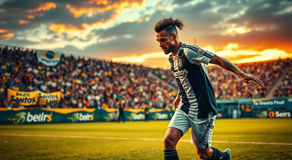 A dynamic scene capturing Neymar in his Santos jersey, showcasing his iconic skills on the soccer field. In the foreground, depict Neymar mid-action, performing a flashy dribble, exuding energy and determination. The middle ground features a vibrant stadium filled with passionate fans wearing Santos colors, some holding banners, emphasizing the emotional connection to the player. In the background, the evening sky is aglow with warm golden hues, casting dramatic lighting on the pitch, creating a nostalgic atmosphere. Capture the intensity of the moment with a slightly low-angle perspective, focusing on Neymar's concentration and the excitement of the crowd. Emphasize the historical significance and youthful spirit of Neymar's journey at Santos, reflecting both his evolution as a player and the impact he made on Brazilian football.