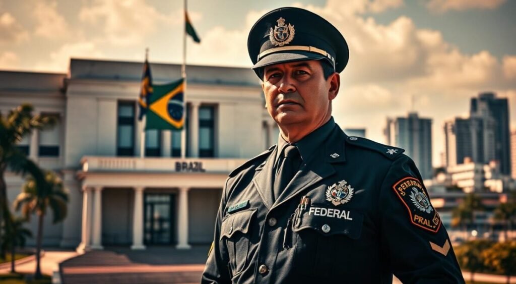 A federal police officer, wearing a crisp uniform and a stern expression, stands in front of a government building with a prominent Brazilian flag. The officer's posture exudes authority and determination, hinting at the gravity of the legal proceedings they are tasked with carrying out. The scene is bathed in warm, natural lighting, casting dramatic shadows that add depth and texture. In the background, a cityscape of modern high-rise buildings and infrastructure suggests the national significance of this event. The overall atmosphere conveys a sense of solemn responsibility and the weight of the law being upheld.