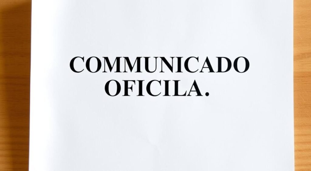 A formal and official-looking document with the title "COMUNICADO OFICIAL" prominently displayed in a bold, centered font. The document should have a clean, minimalist design with a white background and a subtle texture or pattern, perhaps a light grid or watermark. The text should be cleanly typeset and neatly organized, conveying a sense of professionalism and authority. The overall aesthetic should be serious and authoritative, reflecting the gravity of the subject matter. The lighting should be soft and even, casting a slight shadow to give the document a three-dimensional presence. The camera angle should be straight-on, capturing the document in its entirety, with no distracting elements in the background.