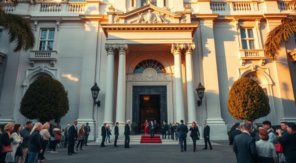A grand, ornate entrance to the iconic Casa Branca, the official residence of the President of the United States. The imposing white facade is bathed in warm, golden sunlight, casting dramatic shadows across the stately columns and intricate architectural details. In the foreground, a group of people gathers, their body language and expressions conveying a sense of importance and anticipation. The scene is captured through a wide-angle lens, providing a sense of scale and grandeur, while the depth of field blurs the background, keeping the focus on the central figures. The overall mood is one of formality and significance, reflecting the weight and gravity of the visit.